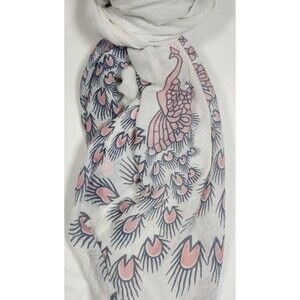 Peacock Print Scarf White Pink Blue Lightweight Soft Fringe Boho Mendhi Artisan